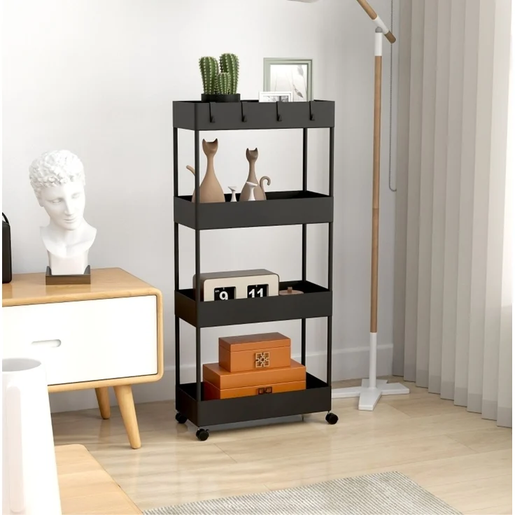 Küchenwagen mit 4 Ebenen, Rollen und Haken, 40x19x90 cm, Schwarz – Bild 2