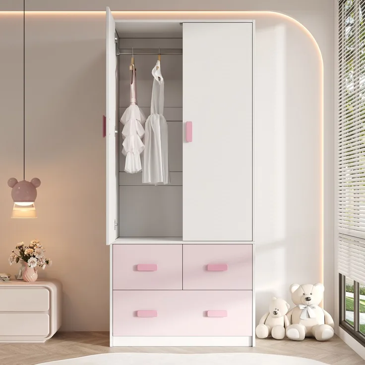 MODFU Kleiderschrank Rosafarbener Kinderschrank 80x48x180 cm mit weißen Akzenten (Packung, 1-St, Inkl. Kleiderstange & 3 Schubladen, pflegeleicht) Ideal als Schlafzimmerschrank für Mädchen & Jugendliche