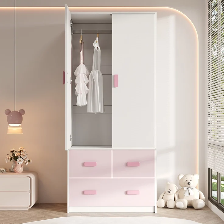 MODFU Kleiderschrank Rosafarbener Kinderschrank 80x48x180 cm mit weißen Akzenten (Packung, 1-St, Inkl. Kleiderstange & 3 Schubladen, pflegeleicht) Ideal als Schlafzimmerschrank für Mädchen & Jugendliche – Bild 1