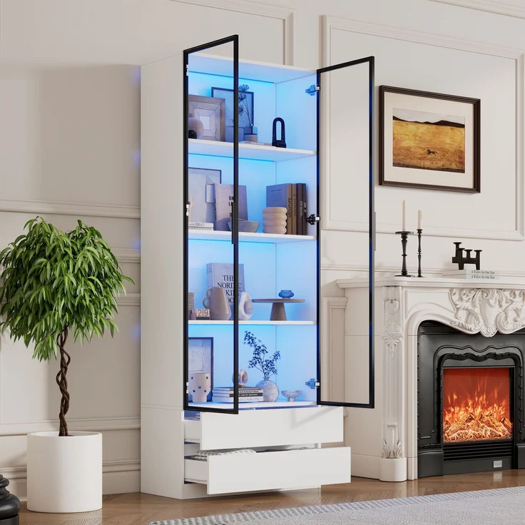 N625P332011012W)80*34*200cm Vitrine, Hochschrank mit LED-Leuchten, Wohnzimmer-Beistellschrank mit 2 Türen,Vitrinenschränke mit 2 Schubladen,Aufbewahrungsregale, Bücherregal, Display Regal,Weiß--Weiß--80x34x200cm--YOUDENOVA – Bild 3