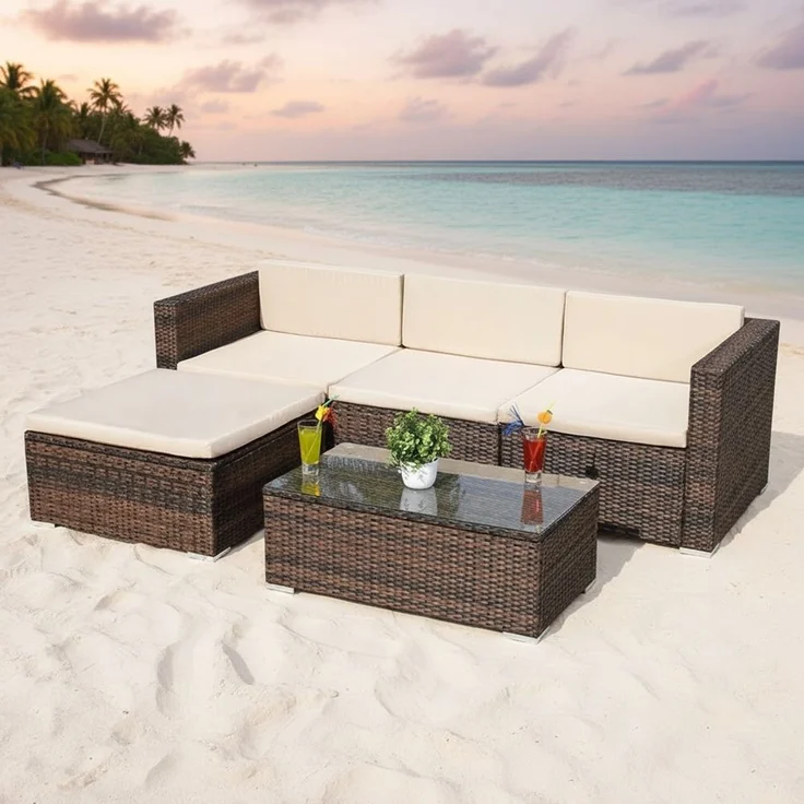 Gartenmöbel 5tlg. Sitzgruppe Sofa Lounge Polyrattan Essgarnitur Sitzkissen braun – Bild 13