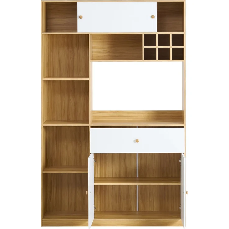 ZUBALIYA Buffetschrank 115x35x180 cm, mit LED-Beleuchtung, aus Spanplatte, Weiß / Natur – Bild 18
