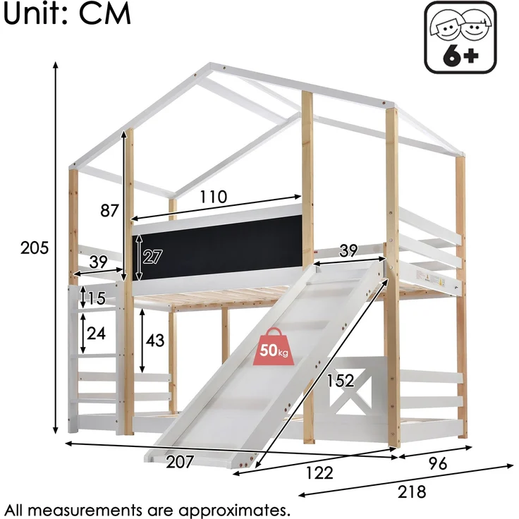 Etagenbett 90x200 cm mit Rutsche & Tafel, Hausbett aus Kiefer, Hochbett mit Leiter, sicher & spielerisch für Kinderzimmer – Bild 8