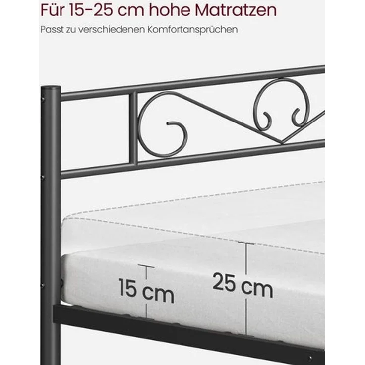 VASAGLE Bett 90 x 200 cm, Gästebett, Einzelbett aus Metall, Bettgestell, Bettrahmen, Metallbett, einfache Montage, tintenschwarz – Bild 3