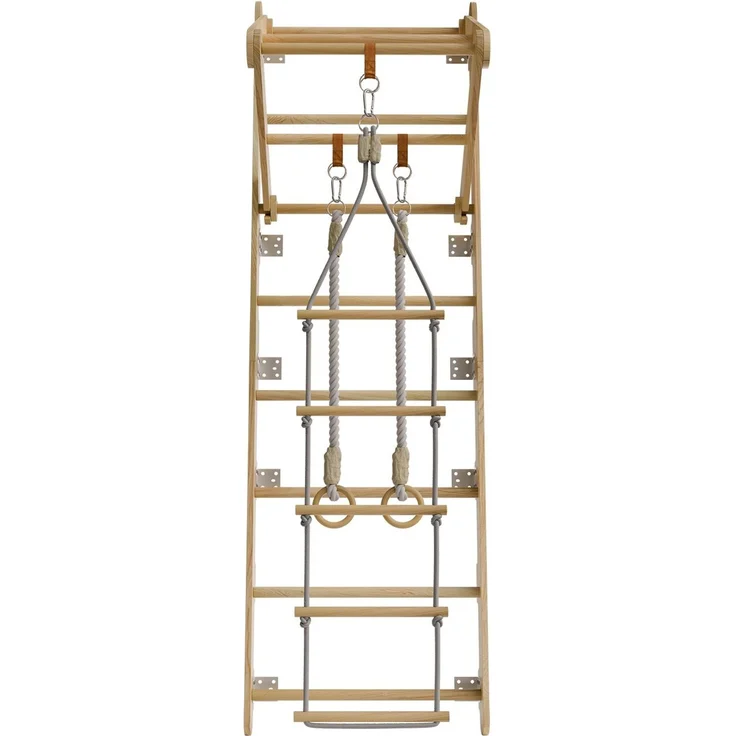 Juskys Sprossenwand für Kinder - mit Klimmzugstange, Indoor Klettergerüst mit Turnringen und Strickleiter, Kletterwand fürs Kinderzimmer, Turnstange – Bild 5