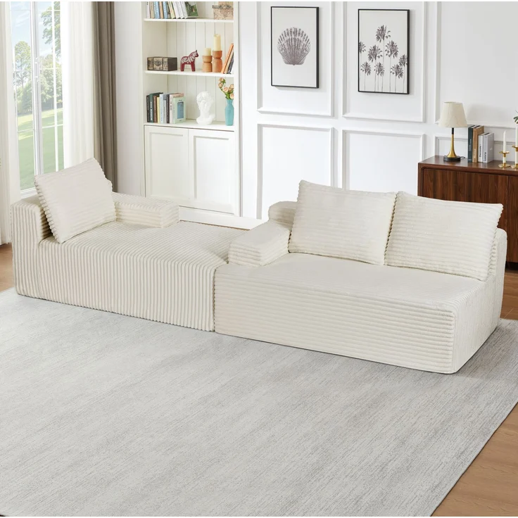 Ecksofa aus Cord, mit Schaumstoff und Taschenfederkern, 238x152x66 cm, Beige – Bild 4