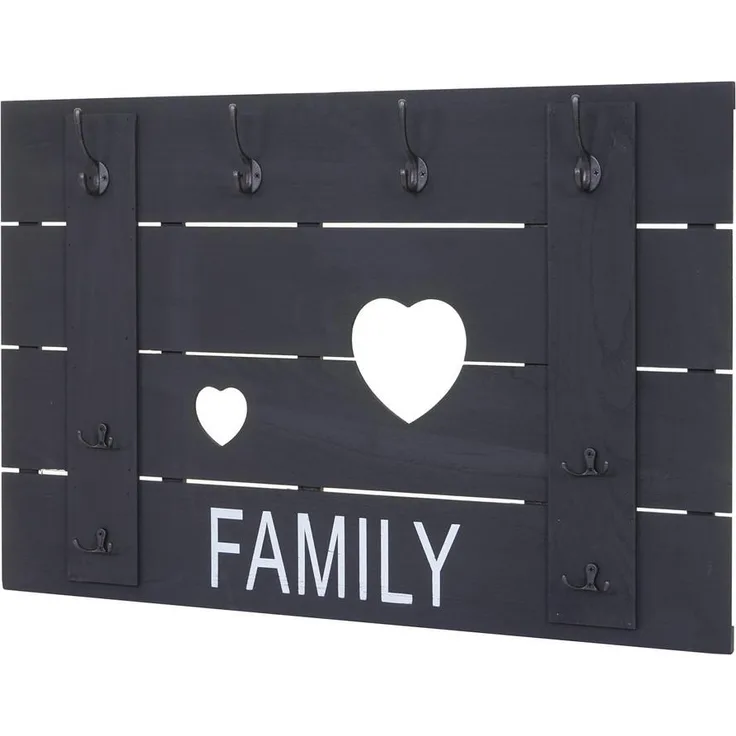 MCW Wandgarderobe, Grau, Holz, 90x60x3 cm, mit 4 großen und 4 kleinen Haken, im Shabby-Look