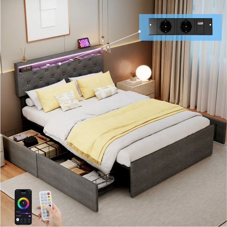 oyajia Polsterbett LED Doppelbett 140x200cm mit Ladefunktion und 4 Schubladen Polsterbett (Modernes Jugendbett, Leises Design Bett, Max. Belastbarkeit 365 kg), 140x200 cm, ausziehbare Bettkästen, LED-Licht, gepolstertes Kopfteil – Bild 5
