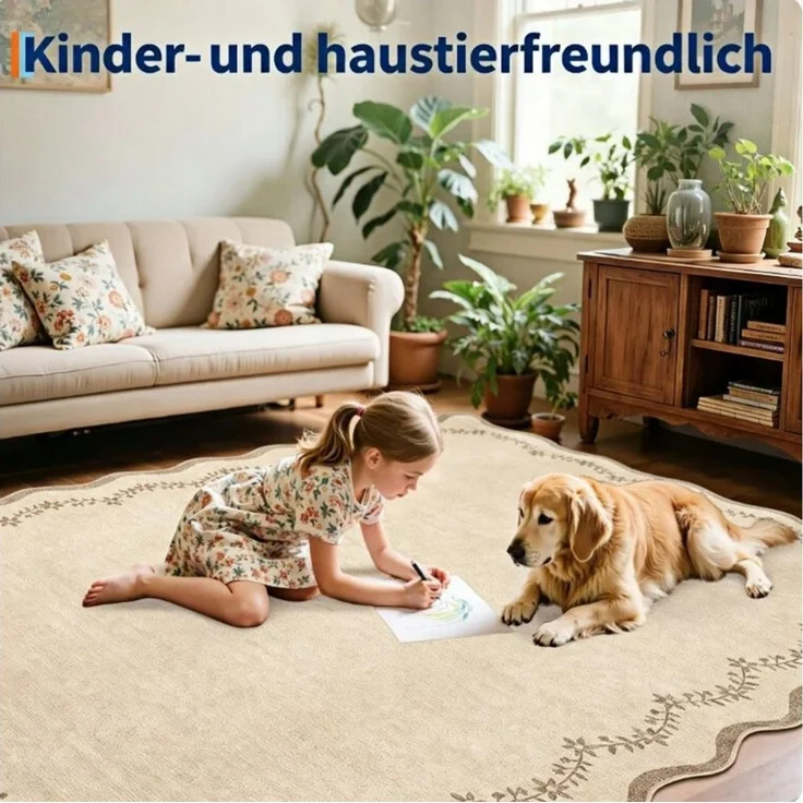 GarveeMore Teppich Vintage Deko Teppich mit Wellenkante und Blumenranken für Wohnzimmer, Höhe: 5 mm – Bild 4