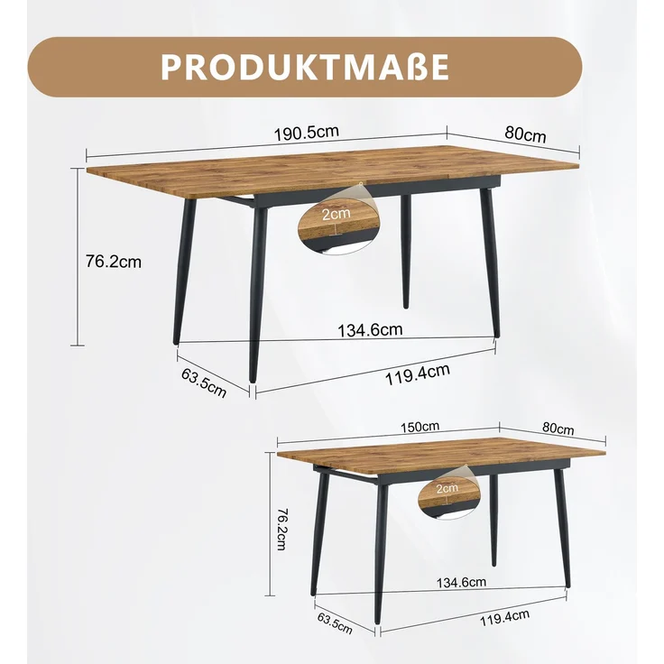 EINHOM Rechteckiger Esstisch 190.5 cm/150 cm, Holzoptik, Metallbeine, Küchentisch für 6–8 Personen, Modern Industrial, 150 × 80 × 76.2 cm – Bild 2