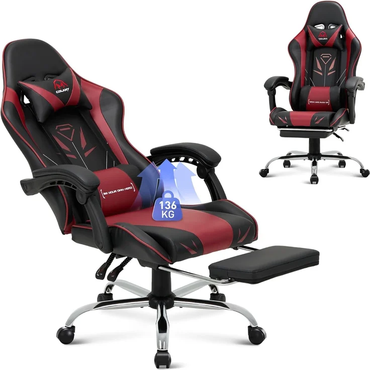 COLAMY Gaming Stuhl, Computer Stuhl mit Fußstütze und Lendenwirbelstütze, höhenverstellbarer Gaming Chair mit 360°-Drehsitz und Kopfstütze, Video Gamer PC Stuhl, Ergonomische hohe Rückenlehne, Rot – Bild 1