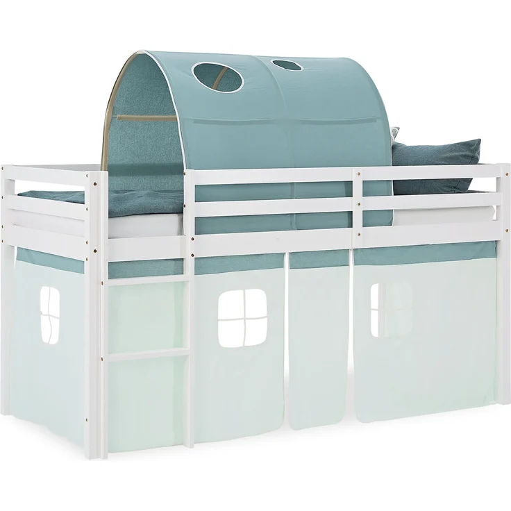 Hochbett Kinder 90x200 cm Kinderbett Kinderhochbett Stockbett Tunnel Vorhang Mintgrün Leiter Holz Massiv – Bild 1