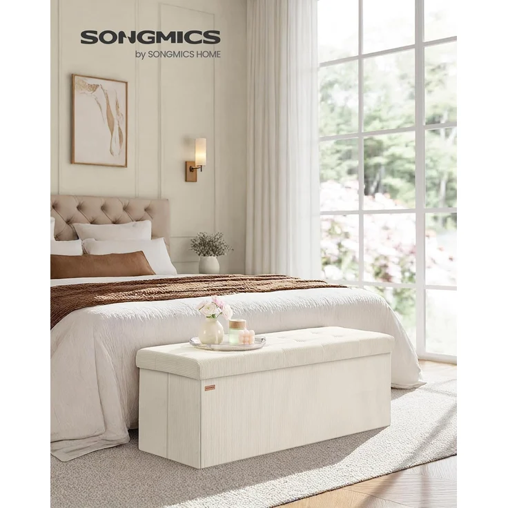 SONGMICS Sitzhocker mit Stauraum, klappbare Sitzbank, 38 x 110 x 38 cm Fußbank, Bettbank, Aufbewahrungsbox, bis 300 kg belastbar, Wohnzimmer, Schlafzimmer, Eingangsbereich, cremeweiß – Bild 2