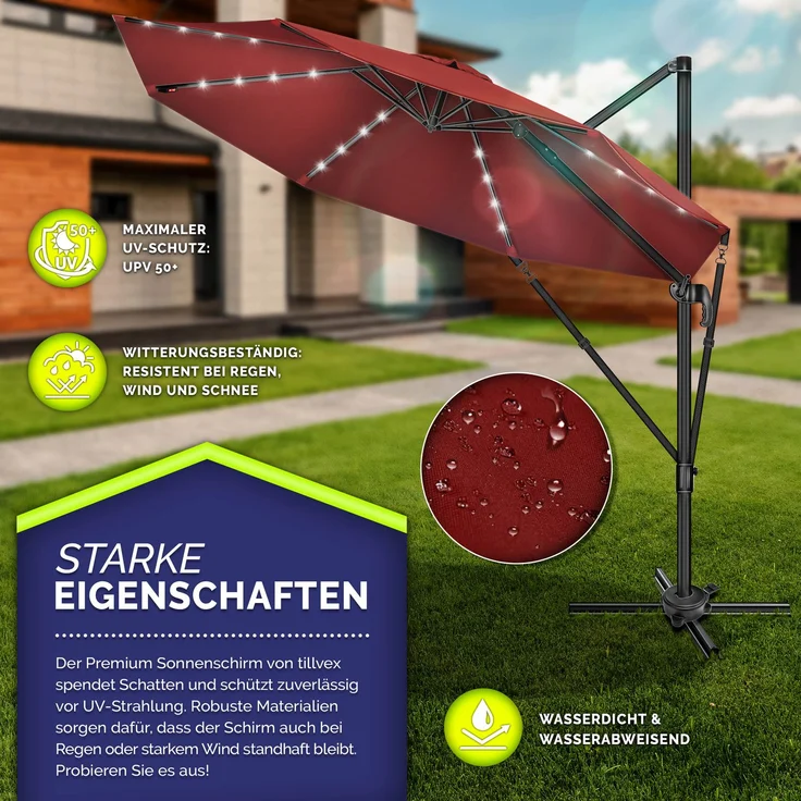 tillvex® Premium Alu Sonnenschirm 330 cm Rot + Abdeckung & Windsicherung | Ampelschirm 6-Fach Verstellbar mit Kurbel | Gartenschirm 360° Drehbar Neigbar Kippbar | Kurbelschirm UV50+ Groß wasserdicht – Bild 2