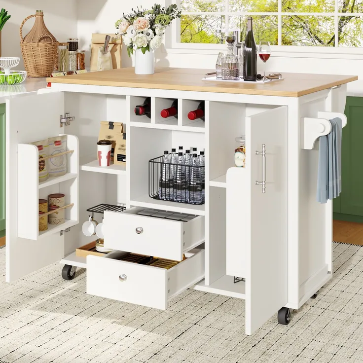 Merax Kücheninsel, Buffetschrank, Küchenschrank, Küchenwagen und klappbarer Arbeitsplatte mit Handtuchhalter Gewürzregal Türregal Weinregal und verstellbaren Einlegeböden, weiß
