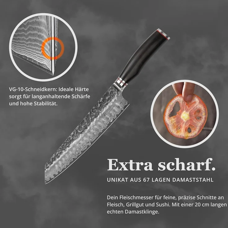 Wakoli Asiamesser EBO Damastmesser Kiritsuke Küchenmesser Kochmesser 20 cm Klinge, aus 67 Lagen Damaststahl, VG10 Kern – Bild 3