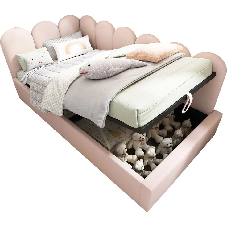 Merax Daybett Polsterbett 90x200 cm,Tagesbett Schlafsofa mit hydraulischem Stauraum, Kinderbett mit Metall-Lattenrost, Samt, Rosa, ohne Matratze – Bild 10