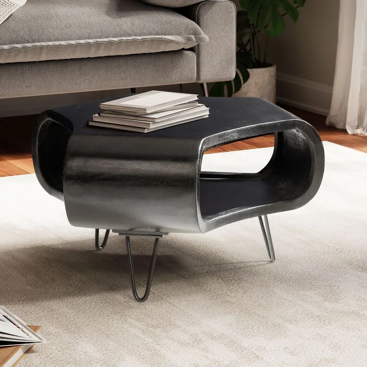 FINEBUY Couchtisch FB106385 (60 cm Sofatisch Massivholz, Haarnadelbeine Schwarz), Wohnzimmertisch Organisch, Kaffeetisch Modern