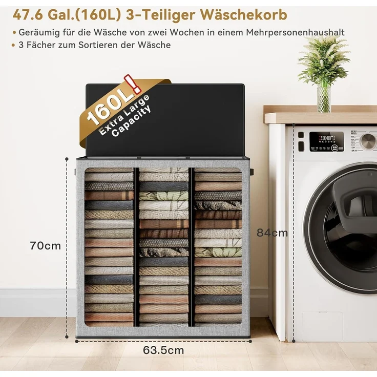 Wäschekorb 160L mit 3 Fächern, Deckel & 3 Wäschesäcken Grau XXXL – Bild 2
