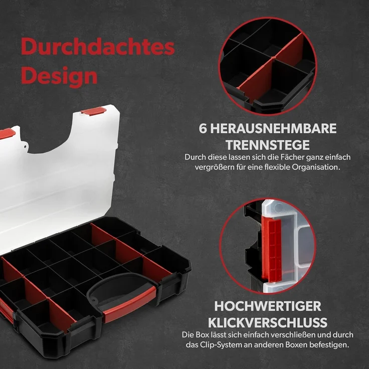 siwitec Sortimentskasten 3 x Sortimentskasten, 16 Fächer, 6 anpassbaren Trennstege, Sortierbox, (3 St), Anpassbar, Verschließbar, Stapelbar – Bild 4