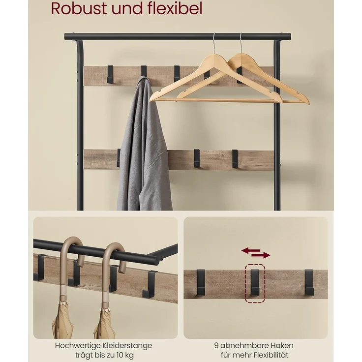 VASAGLE Garderobenständer, Garderobe, mit Schuhbank, 4-in-1 Design, 9 abnehmbare Haken, Kleiderstange, Eingangsbereich, Flur, 33,7 x 72 x 183 cm, Industrie-Design, Kamelbraun -tintenschwarz HSR040K02 – Bild 4
