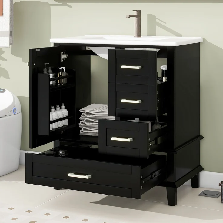 76x46x83,5cm schlichter Badezimmerschrank, komplett lackiert, Türregal, drei geräuschlose Schubladen, verstellbare Regale, integriertes Keramikwaschbecken, Schwarz – Bild 2