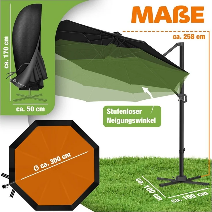 KESSER® Sonnenschirm Ampelschirm Sun Rund XL, Schwarz, Ohne LED – Bild 2