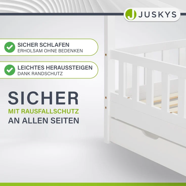 Juskys Kinderbett Marli 90 x 200 cm mit Bettkasten 2-teilig, Rausfallschutz, Lattenrost & Dach - Massivholz Hausbett für Kinder - Bett in Weiß – Bild 2
