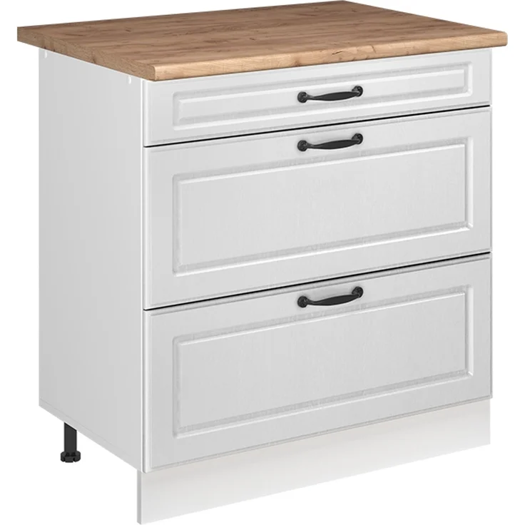 Küchenunterschrank R-Line Weiß Landhaus/Weiß 80 cm mit 3 Schubladen Arbeitsplatte Goldkraft Eiche Vicco – Bild 1