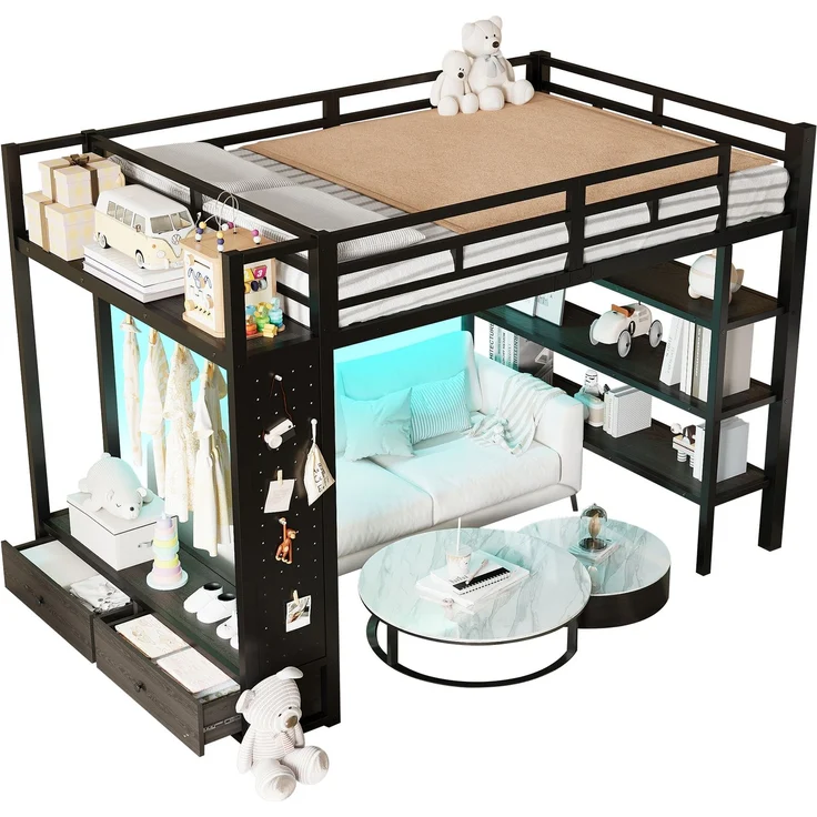 Wohnora-Hochbettgestell 140x200 mit offenem Kleiderschrank, Metall-Hochbett mit Ablagefächern, Lochwand und LED-Beleuchtung, schwarz,Schwarz – Bild 4