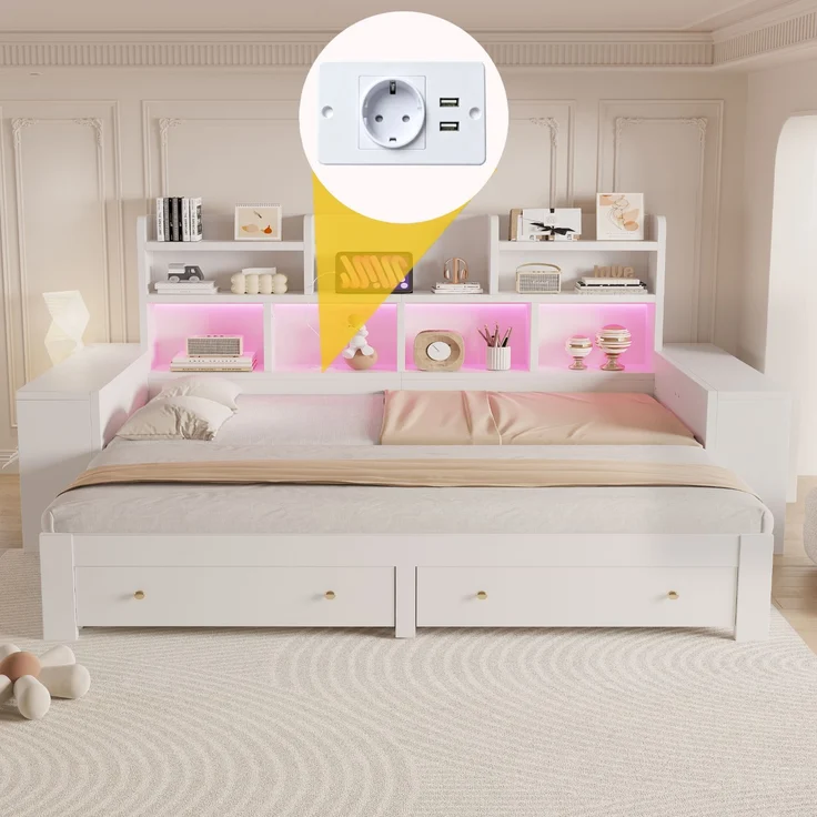 Ausziehbett 90/180×200 cm mit Schubladen und LED-Beleuchtung, Weiß, ohne Matratze – Bild 3