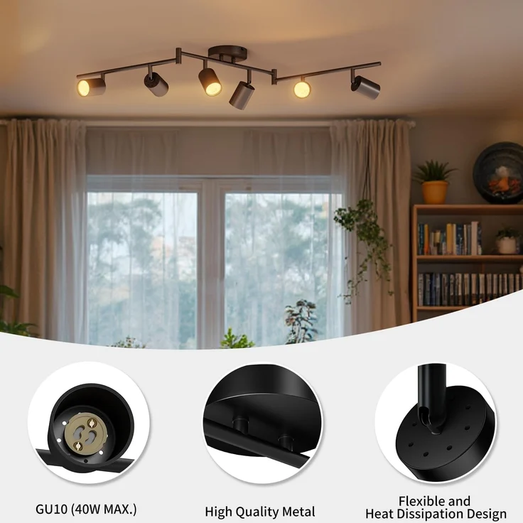 LVWIT LED Deckenstrahler 6 Flammig Schwarz Deckenleuchte Schwenkbar GU10 Deckenlampe Spot 6 Flammig Modern Strahler Deckenspot für Küche, Wohnzimmer, Schlafzimmer(Ohne Glühbirnen) – Bild 5
