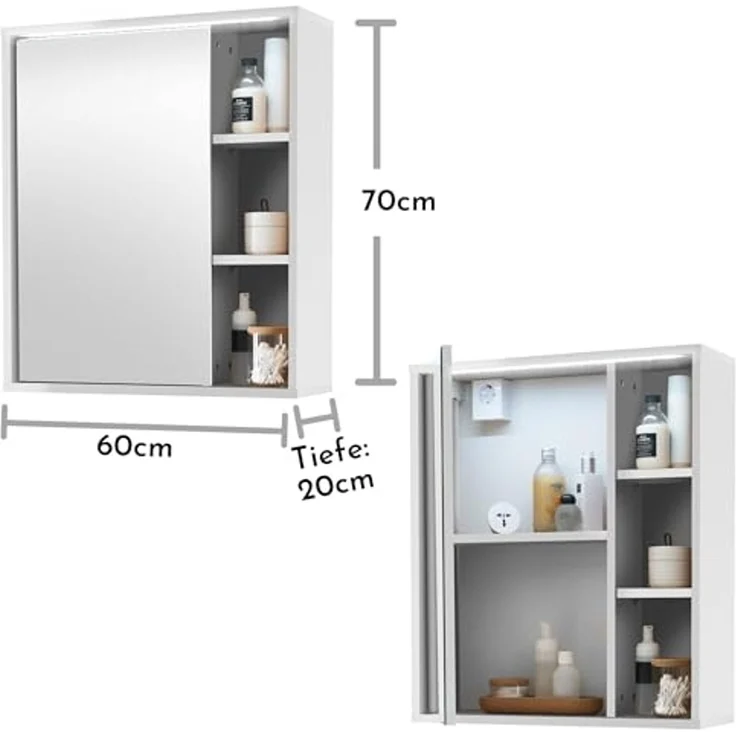 GREECE Spiegelschrank Bad mit LED-Beleuchtung in Weiß - Badezimmerspiegel Schrank mit viel Stauraum - 60 x 70 x 20 cm (B/H/T) – Bild 3