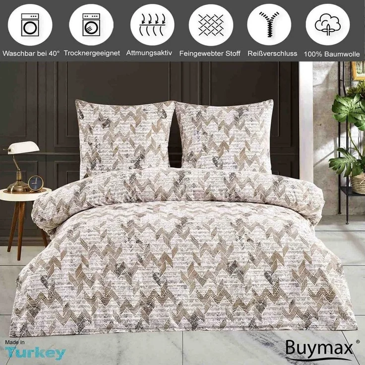 Buymax Bettwäsche Berta, Renforce: 100% Baumwolle, 3 teilig, 200x200 cm Kissenbezug 80x80cm mit Reißverschluss Zickzack Beige Braun – Bild 2
