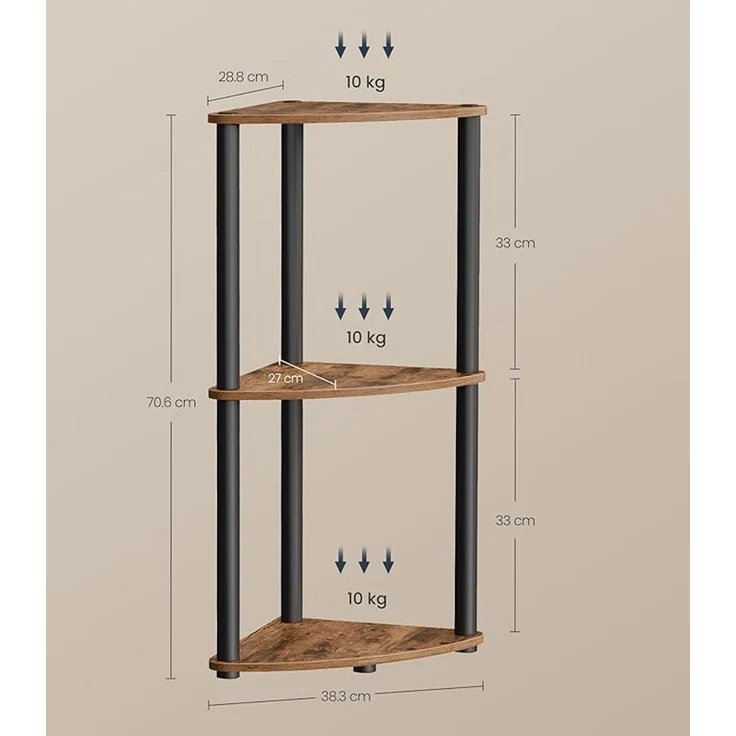 SONGMICS HOME Superschnelle werkzeuglose Montage, Eckregal mit 3 Ebenen, Standregal, Regal, 38,3 x 27 x 70,6 cm, Wohnzimmer, Schlafzimmer, Küche, vintagebraun – Bild 5