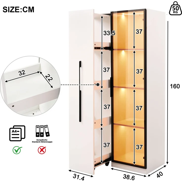 ZUBALIYA Multifunktionsschrank 160 cm hoch – Bücherregal und Vitrine mit Türen aus gehärtetem Glas, Türrahmen aus Aluminium, 1 Tür, 1 seitliche Schublade, mit Rollen und LED-Beleuchtung – Vitrine, Esszimmersch – Bild 6