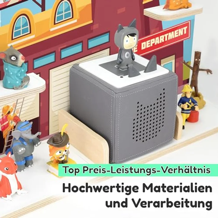 stadtecken Holzregal für Musikbox I Geeignet für die Toniebox und ca. 50 Tonies I Perfekte Tonie Aufbewahrung im Kinderzimmer I Zum Aufstellen oder Aufhängen (Feuerwehr, Groß) – Bild 4
