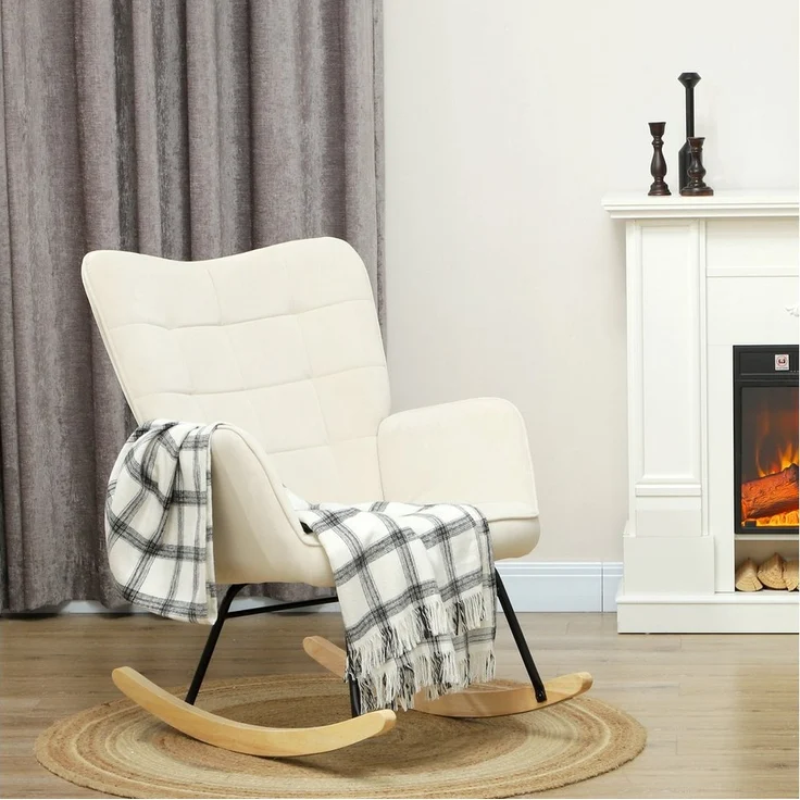 HOMCOM Schaukelstuhl, Schaukelsessel mit Samtoptik, Armlehne, Sessel mit Holzkufen, Relaxsessel für Wohnzimmer, Schlafzimmer, Beige – Bild 5