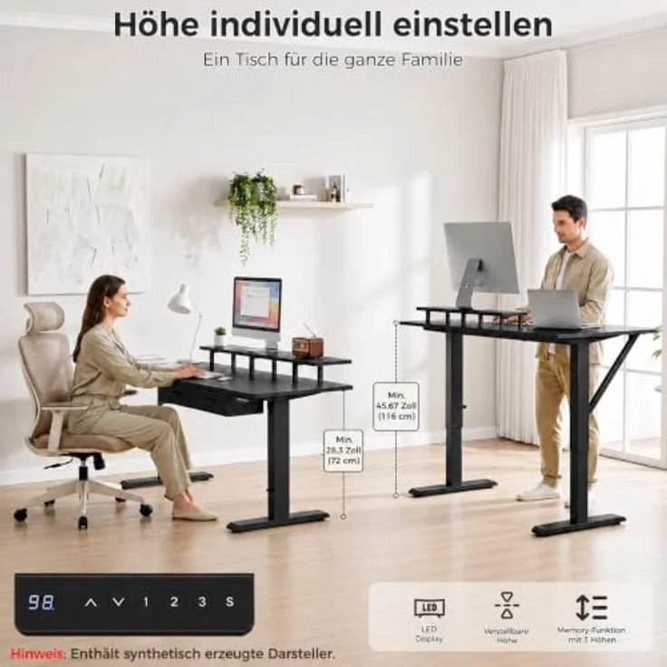 IRONCK Höhenverstellbarer Schreibtisch L Form, Elektrischer Eckschreibtisch | Computertisch 150x90cm mit Steckdose USB-C Anschlüsse, Homeoffice Tisch mit Schubladen Monitorständer 3 Speicherhöhen Schwarz – Bild 2
