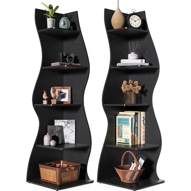 LITTLE TREE Bücherregal Ecke, Modernes Regal Schmal mit 6 Ebenen, 50 x 48 x 179 cm Bücherregal Holz, Standregal mit Wellen-Design für Kleine Räume, Wohnzimmer & Schlafzimmer, Schwarz, 2er Pack – Bild 1