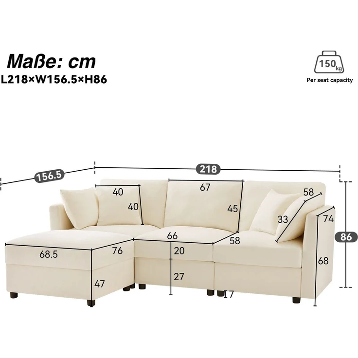 Ecksofa mit Hocker, Zierkissen und Rückenlehnen, L-Form, Armlehnen verstellbar, inkl. Federkern, Polstersofa, Loungesofa, Chenille – Bild 7