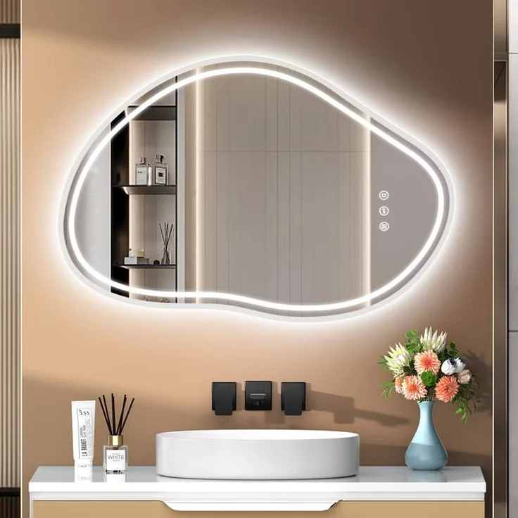 PESENXAN LED Badezimmerspiegel 80x53 cm, rechteckiger Wandspiegel mit Beleuchtung, 3 Lichtfarben, dimmbar, Touch-Schalter, Memory-Funktion, IP44, Schwarz
