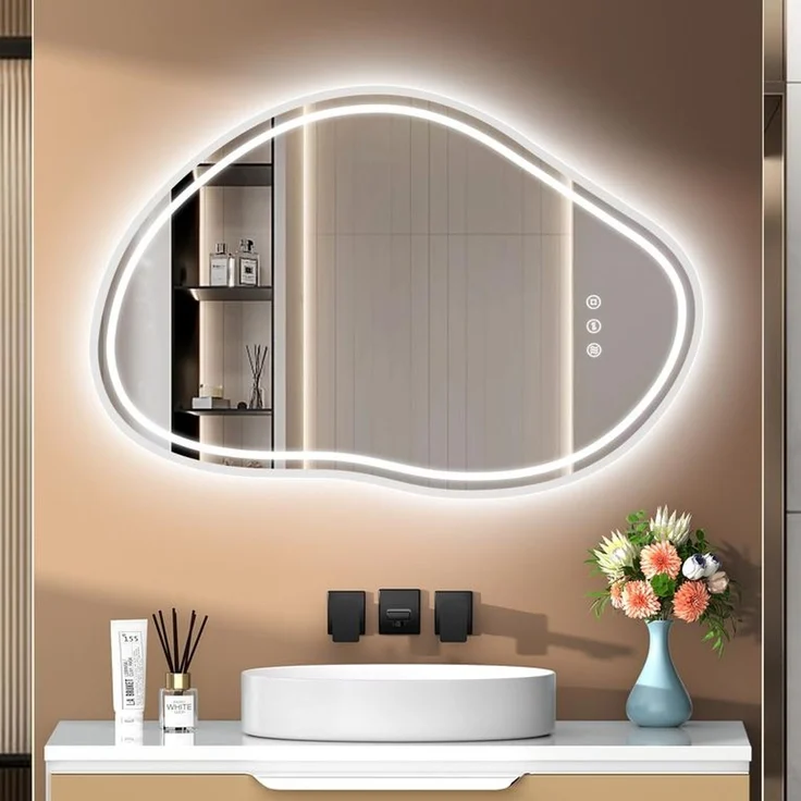 PESENXAN LED Badezimmerspiegel 80x53 cm, rechteckiger Wandspiegel mit Beleuchtung, 3 Lichtfarben, dimmbar, Touch-Schalter, Memory-Funktion, IP44, Schwarz – Bild 1