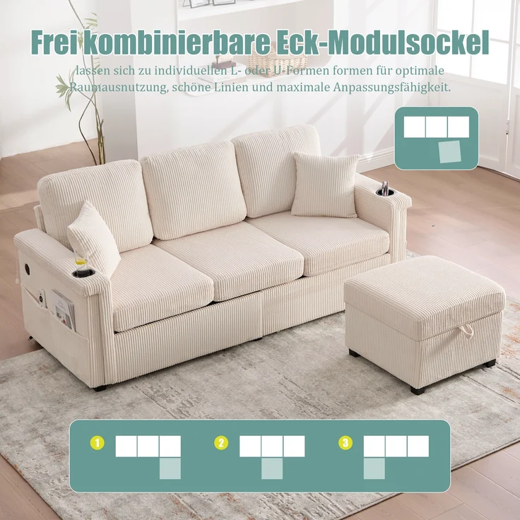 Sofa, Hochwertiges Samtsofa mit LED-Beleuchtung USB-C-Port inklusive Stauraum-Fußteil praktischen Getränkehaltern und Seitentaschen Premium Qualität für Wohnzimmer Schlafzimmer oder Büro, Samt, Beige, – Bild 8