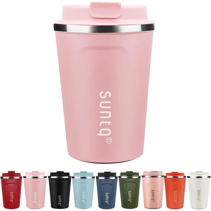 SUNTQ Kaffeebecher to go Edelstahl Thermobecher mit Deckel Rosa 380ml
