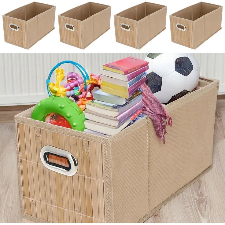 CEPEWA Allzweckkorb Aufbewahrungskorb Bambus 4er Set faltbar 31x31x31cm Metall Grifflöcher – Bild 4
