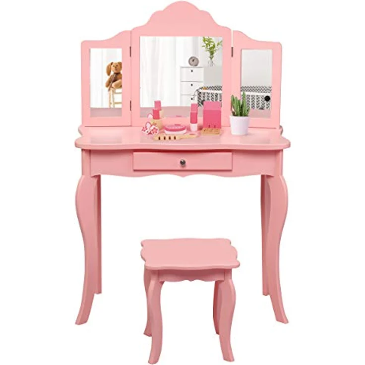 COSTWAY 2 in 1 Kinder Schminktisch mit Hocker, Frisiertisch mit 3-Fach abnehmbarem Spiegel & Schublade, Kosmetiktisch Mädchen Holz, 70 x 34 x 103 cm (Rosa) – Bild 2