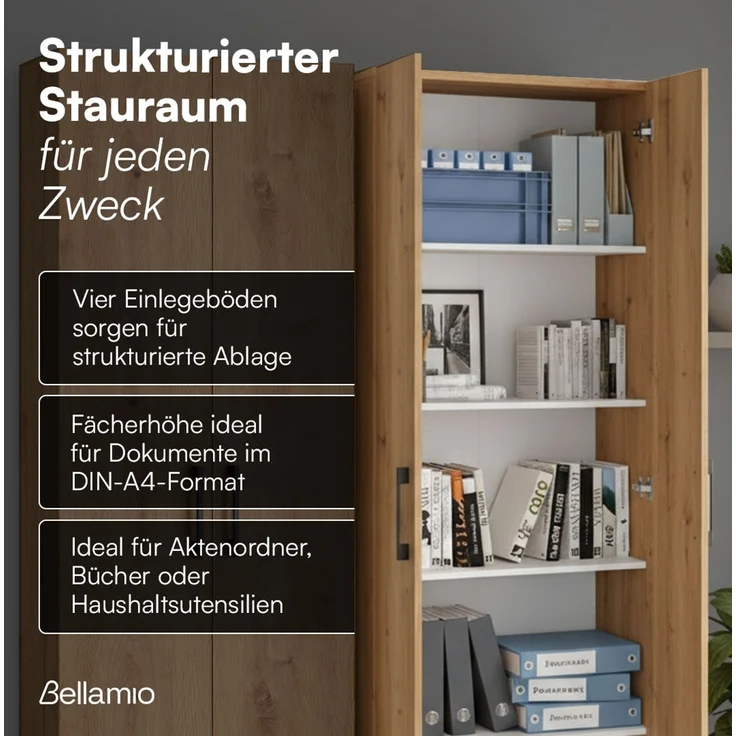 Bellamio 'Apol' Mehrzweckschrank, Eichenoptik, 176x33x60 cm, Aktenschrank mit 5 höhenverstellbaren Ablagefächern – Bild 3