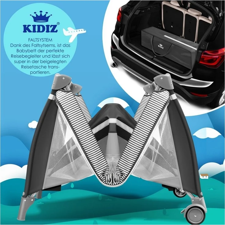 KIDIZ® Babybett Reisebett Kinderreisebett Faltbar mit Matratze 120x60, Seiteneingang, Wickelauflage, Mosktionetz, Spielbogen & Tragetasche Baby Beistellbett Kinderbett ab Geburt bis 15 kg Grau – Bild 3