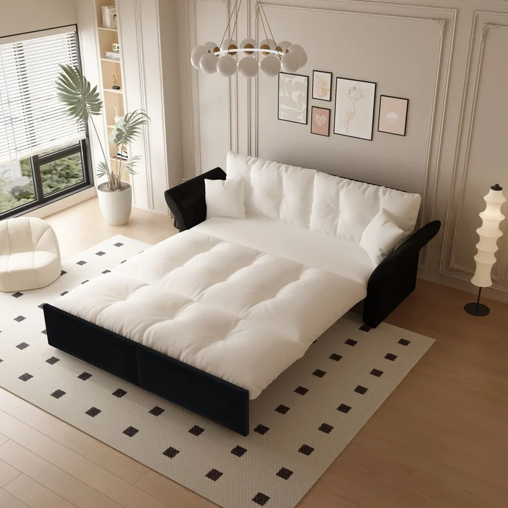 EINHOM 190 cm Queen-Size Ausziehsofa, 3-in-1 Konvertibles Schlafsofa mit Tufting und 2 Weichen Kissen, Multifunktionelles Velourssofa-Bett, Beige/Weiß, (Ohne Matratze) – Bild 5